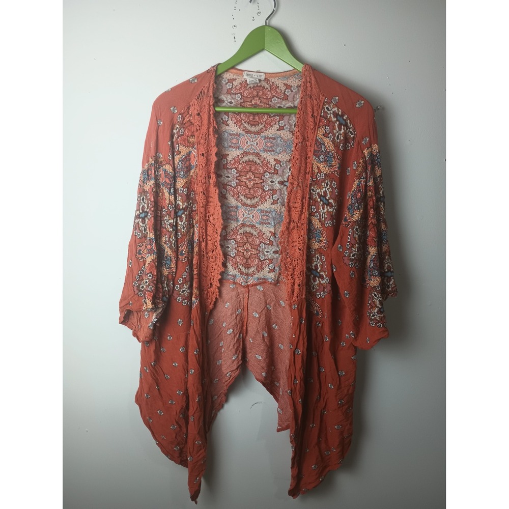 Clover + Scout Womens Boho Paisley Crochet Lace Trim Kimono Cardigan Orange M